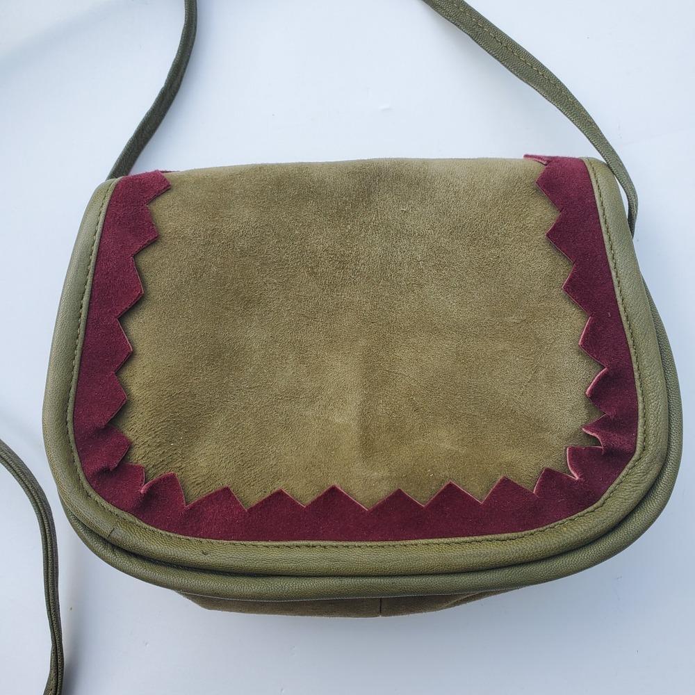 Barganza Olive Green Suede Crossbody Bag Burgundy Sawtooth Trim Small Saddle Bag